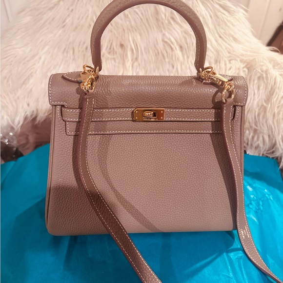Taupe Leather Top-Handle Satchel with Gold Hardware - Picture 2 of 6